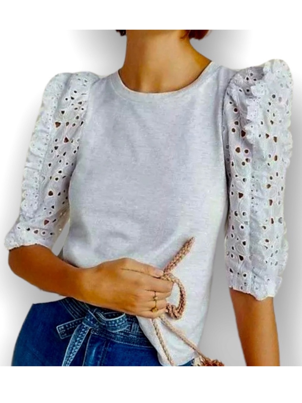 NWT Rebecca Taylor Crochet Ruffle Puff Sleeve Top - XS